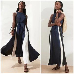 NWT Banana Republic Color Block Satin Paneled Maxi Dress Petite 6 | Navy